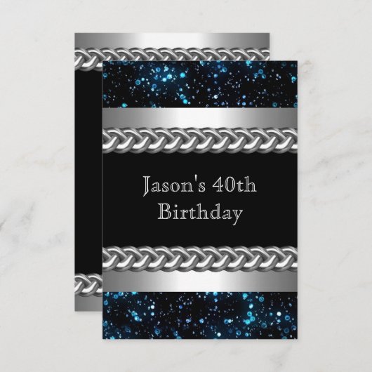 Mens Birthday Party Blue Metal Chrome Silver Image Einladung (Vorne/Hinten)