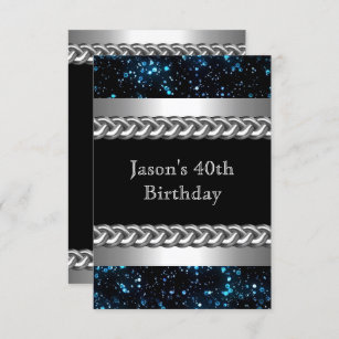 Mens Birthday Party Blue Metal Chrome Silver Image Einladung