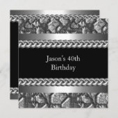 Mens Birthday Party Metal Chrome Black Silver 40. Einladung (Vorne/Hinten)