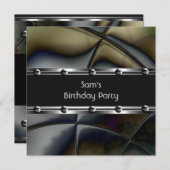 Mens Birthday Party Silver Metal Black Mans Einladung (Vorne/Hinten)