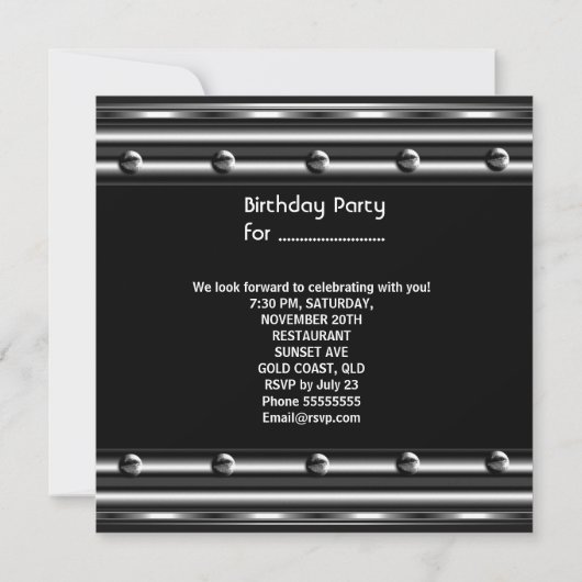 Mens Birthday Party Silver Metal Black Mans Einladung (Rückseite)
