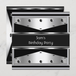 Mens Birthday Party Silver Metal Black Mans Einladung