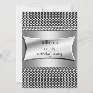 Mens Birthday Party Silver Metal Look Chrome Einladung