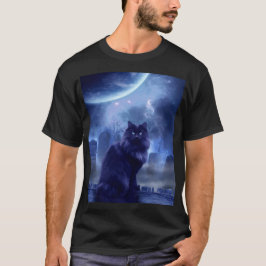 men's black cat and moon light T-Shirt