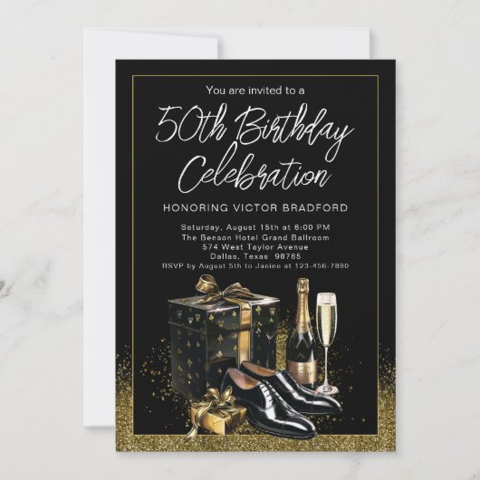 Mens Black Gold Ausgeklügeltes Hochformat Geburtst Einladung (Vorderseite)