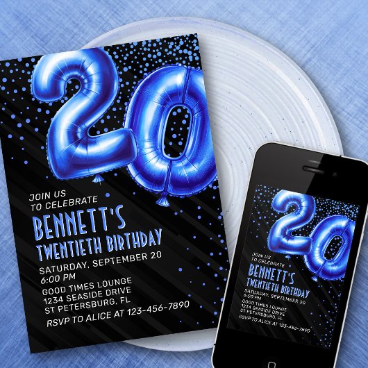 Mens Blue 20. Geburtstag Einladung