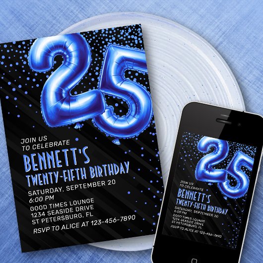Mens Blue 25. Geburtstag Einladung