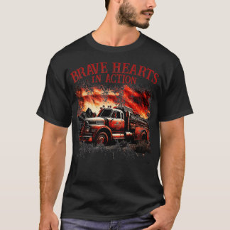 Mens Brave Hearts in Action Fire Truck American Fl T-Shirt