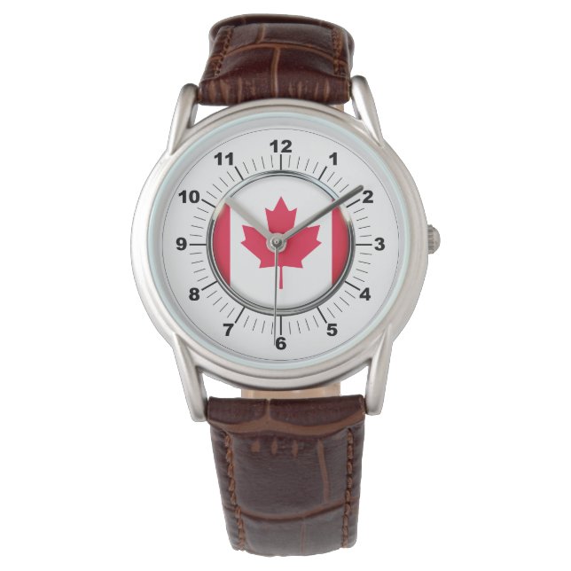 Men's Canada Flag Classic Brown Leather Watch Armbanduhr (Vorderseite)