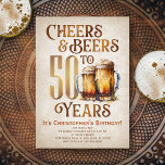 Mens Cheers & Beers Funny 50. Geburtstag Einladung<br><div class="desc">Feiern Sie die großen 5-0 mit Stil und Spaß mit diesem Vintagen Biergeburtsdesign. Die goldene Typografie ist elegant und erinnert an ein cooles Bierglas, das ihm ein klassisches Retro-Vintages Ambiente verleiht. Ideal für den Mann (oder die Frau!) in deinem Leben, der ihre Zwerge, den Verkauf und andere Biere Liebe. Ideal...</div>