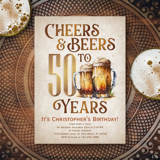 Mens Cheers & Beers Funny 50. Geburtstag Einladung