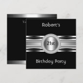 Mens Elegant 21. Geburtstag Party Schwarzes Silber Einladung (Vorne/Hinten)