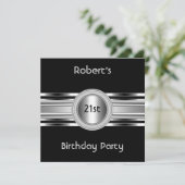 Mens Elegant 21. Geburtstag Party Schwarzes Silber Einladung (Stehend Vorderseite)