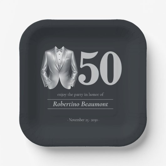 Men's Elegant Tuxedo Silver Black 50th Birthday Pappteller (Vorderseite)