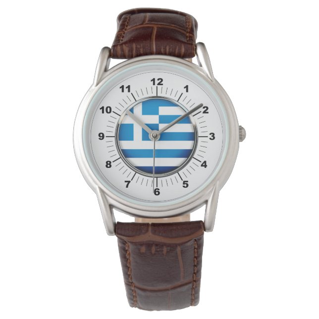 Men's Greece Flag Classic Brown Leather Watch Armbanduhr (Vorderseite)