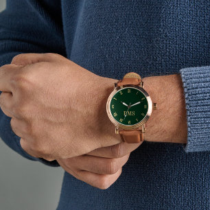 Mens Green Gold Mit Monogramm Brown Lederband Armbanduhr