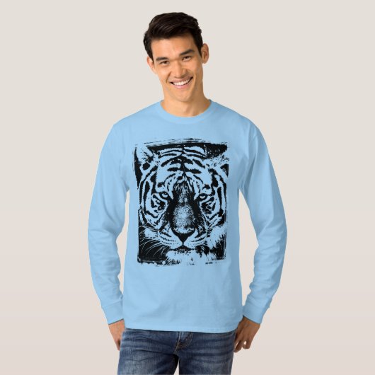 Mens Modern Long Sleeve Tiger Face Light Blue T-Shirt (Vorne ganz)