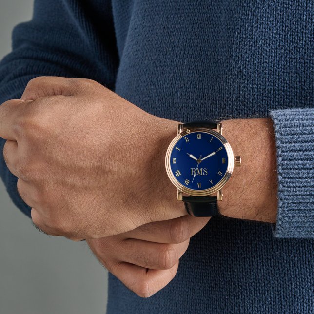 Mens Navy Blue Gold Monogram Black Leather Strap Armbanduhr (Mens Navy Blue Gold Monogram Black Leather Strap Watch)