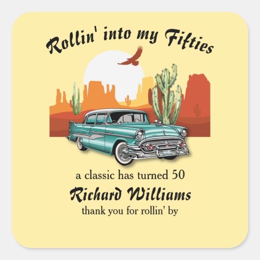 Men's Retro Classic Blue Car Desert 50th Birthday Quadratischer Aufkleber (Vorderseite)