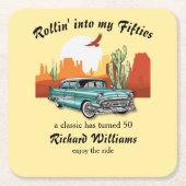 Men's Retro Classic Blue Car Desert 50th Birthday Rechteckiger Pappuntersetzer (Vorderseite)