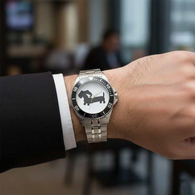 Mens Stainless Steel Black Dackel Watch Armbanduhr (Man's dachshund watch - black design on metal band)