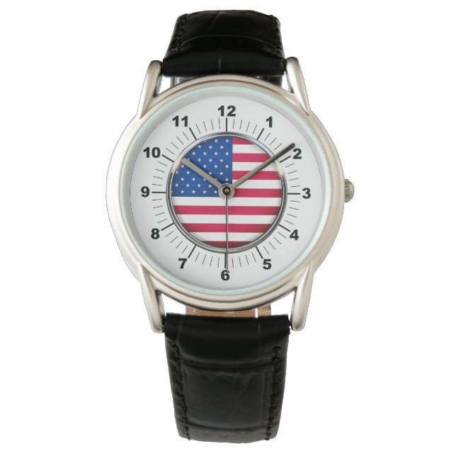 Men's USA Flag Classic Black Leather Strap Watch Armbanduhr (Vorderseite)
