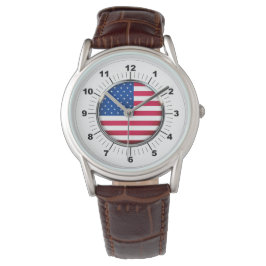 Men's USA Flag Classic Brown Leather Strap Watch Armbanduhr