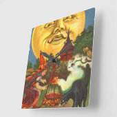 Mensch im Mond Schwarze Katze Hexe Vollmond Owl Quadratische Wanduhr (Winkel)