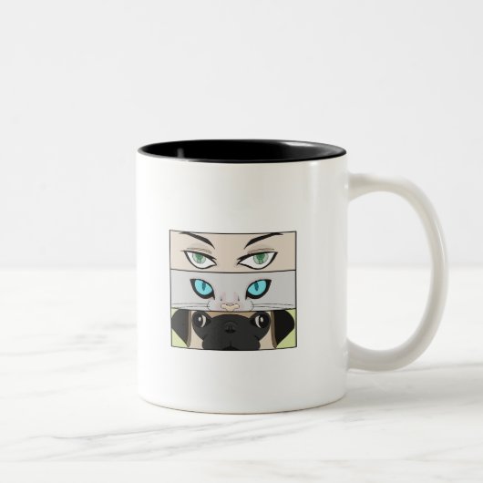 Mensch, Katze und Hund, die dich anschauen Zweifarbige Tasse (Rechts)