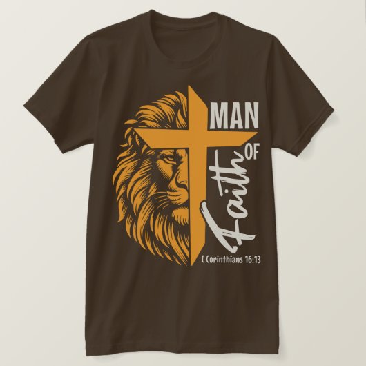 Mensch mit Löwe und Kreuz T-Shirt (Design vorne)