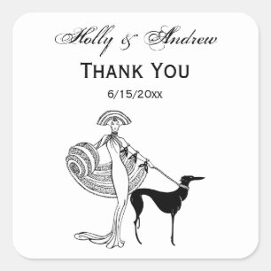 Menschen-Frau-Hunde-gefülltIn-ArtDeco-Trans-BG-ADD Quadratischer Aufkleber