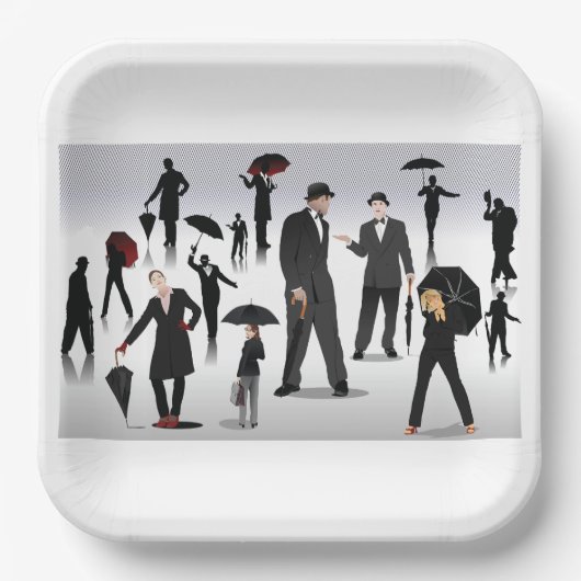 Menschen mit Regenschirmen Pappteller (Vorderseite)