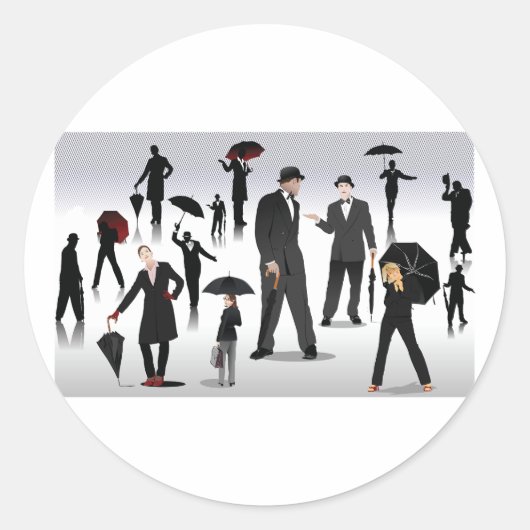 Menschen mit Regenschirmen Runder Aufkleber (Vorderseite)