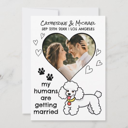 Menschen werden verheiratet Poodle Hund über Hand  Save The Date (Vorderseite)