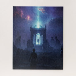 Menschliche Beamte auf antike Alien World Puzzle