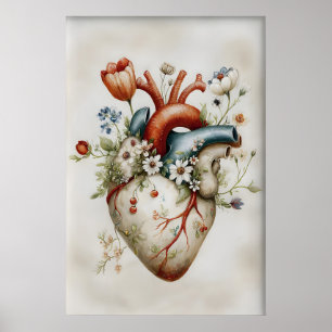 Menschlicher Herz Blumen Druck, Anatomisch Vintage Poster