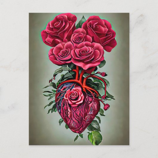 Menschliches Herz mit Rote Rose Blume surreale Kun Postkarte (Vorderseite)