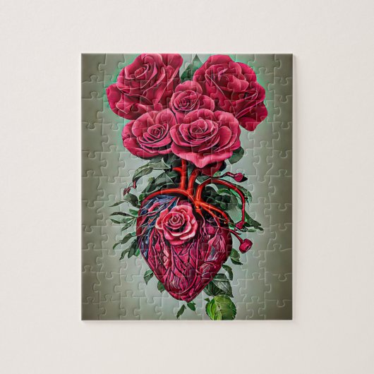 Menschliches Herz mit Rote Rose Blume surreale Kun Puzzle (Vertikal)