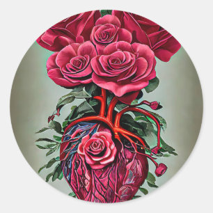Menschliches Herz mit Rote Rose Blume surreale Kun Runder Aufkleber