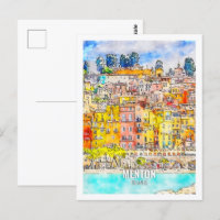 Menton France Famous Travel Place Watercolor