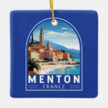 Menton France Travel Art Vintag Keramikornament<br><div class="desc">Menton Retro Vektor Reise Design. Menton ist eine Stadt an der französischen Riviera im Südosten Frankreichs. Es ist bekannt für Strände und Gärten wie den Garten Serre de la Madone.</div>