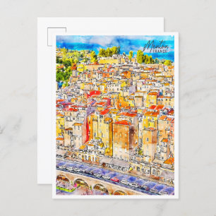 Menton France Vintage Reise Aquarell Postkarte