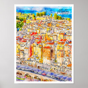 Menton Frankreich Vintage-Reise Aquarell Poster