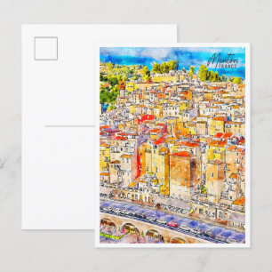 Menton Frankreich Vintage-Reise Aquarell Postkarte
