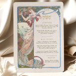 Menü Art Nouveau Wedding Dinner by Mucha Einladung<br><div class="desc">Fügen Sie Ihrem Hochzeitsempfang eine Touch von Eleganz und Eleganz hinzu. Das Aquarellwerk besticht durch eine der Mucha’s Muses, die ein Glas Champagner halten und so ein Gefühl von Luxus und Feier schaffen. Der Jugendstil zeichnet sich durch fließende Linien und Blumenmotive aus und eignet sich somit hervorragend für ein Hochzeitsmenü....</div>