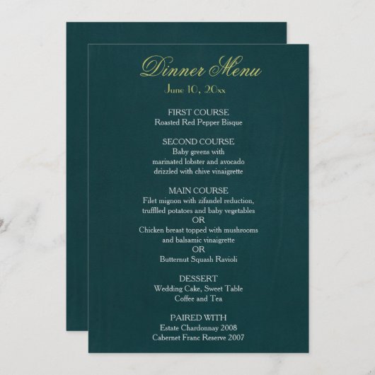 Menü auf dunkelgrünem Hintergrund Menükarte (Vorne/Hinten)