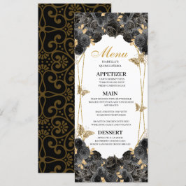 Menü "Black and Gold Floral Quinceanera" Einladung