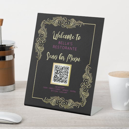 Menü "Black and Gold" - QR-Code - Tabellensignieru Sockelschild (In SItu)