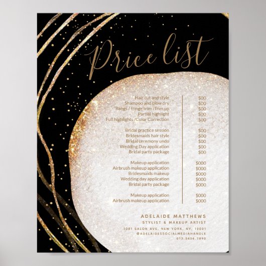 Menü "Black Gold Glitzer Stylist Salon Price List" Poster (Vorne)