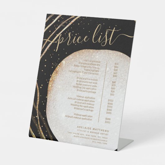 Menü "Black Gold Glitzer Stylist Salon Price List" Sockelschild (Vorderseite)